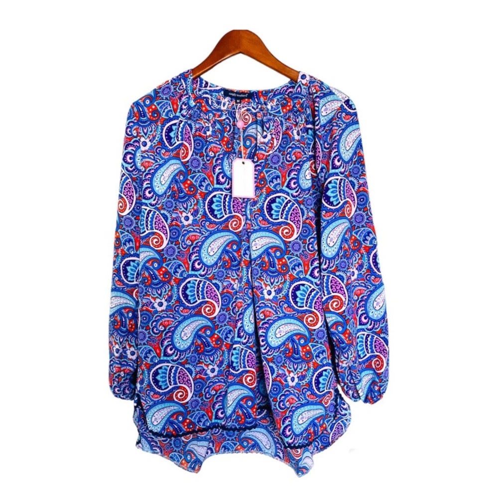 NWT Simply Southern Women’s Blouse Size Medium  Pink Blue Blouse Paisley New NWT